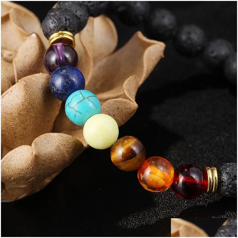 seven chakra bracelet strands natural stone 8mm lava-rock yoga beaded bracelets 100pcs/lot