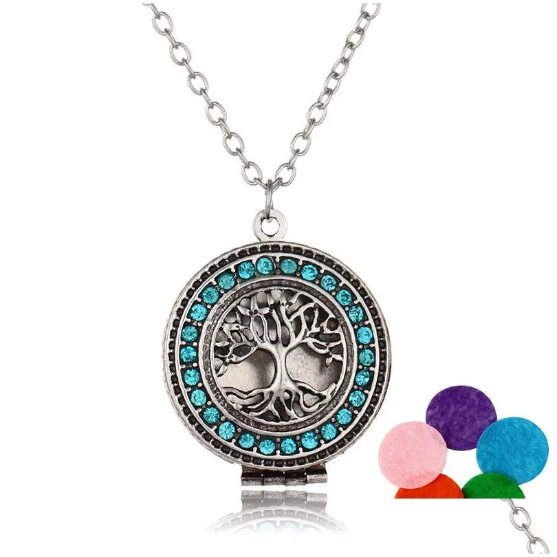 crystal tree of life aromatherapy  oil diffuser necklace perfume open lockets chains with refill pads for women fashion