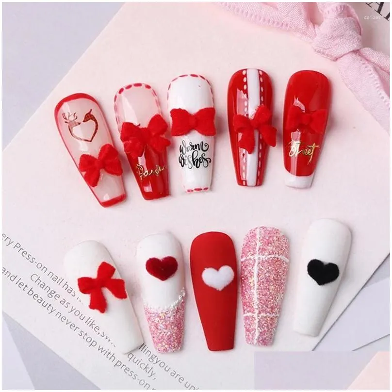 nail art decorations 30pcs charms parts red plush bowknot heart shape 3d velvet decor accessory diy resin winter jewelry manicure