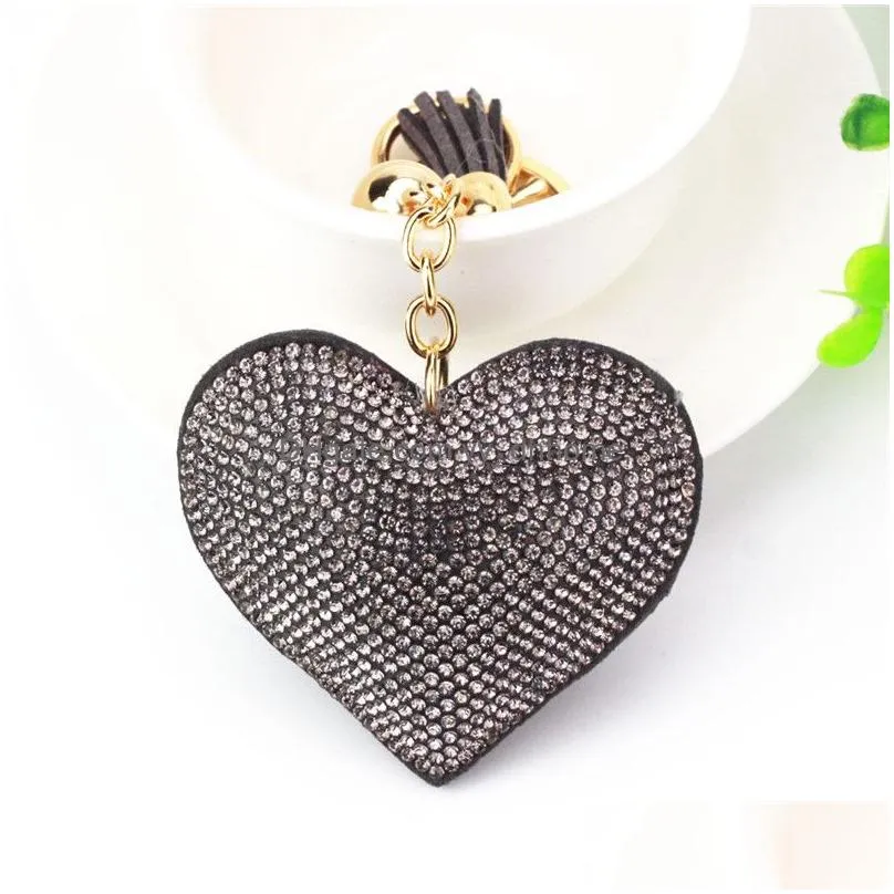 gold crystal heart keychain tassel charm carabiner key rings holder bag hangs fashion jewelry will and sandy drop ship