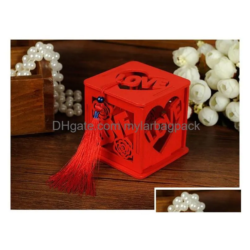 wood chinese double happiness wedding favor boxes candy box chinese red classical hollow sugar case with tassel