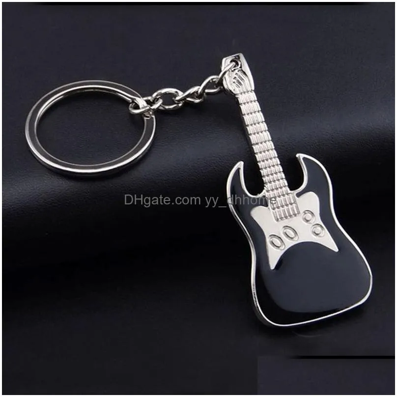 musical instrument guitar keychain enamel key ring holder bag hangs fashion jewelry promotion gift black red blue