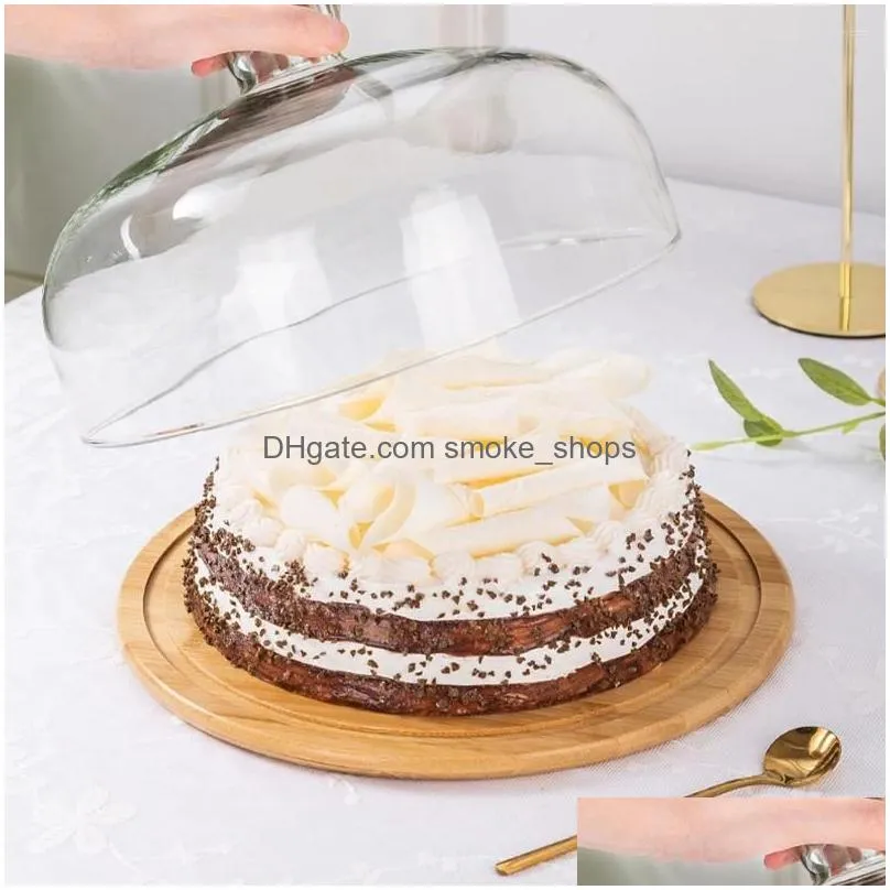 plates plate pastry convenient snack tray with glass cover dustproof cake bamboo wood