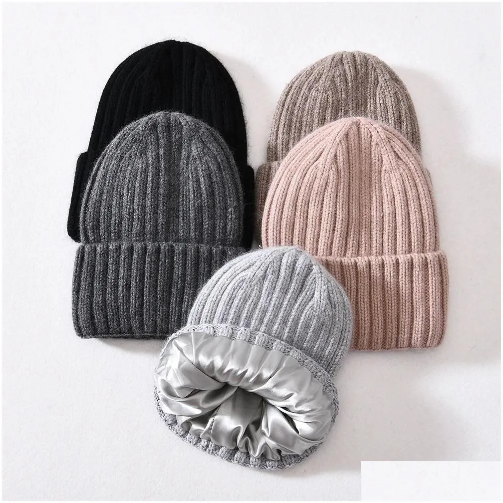 Beanie/Skull Caps Beanie/Skl Caps Winter Silk Satin Lined Beanie Hats Women Men Uni Thick Chunky Cap Striped Warm Soft High Quality Ca Otwmj