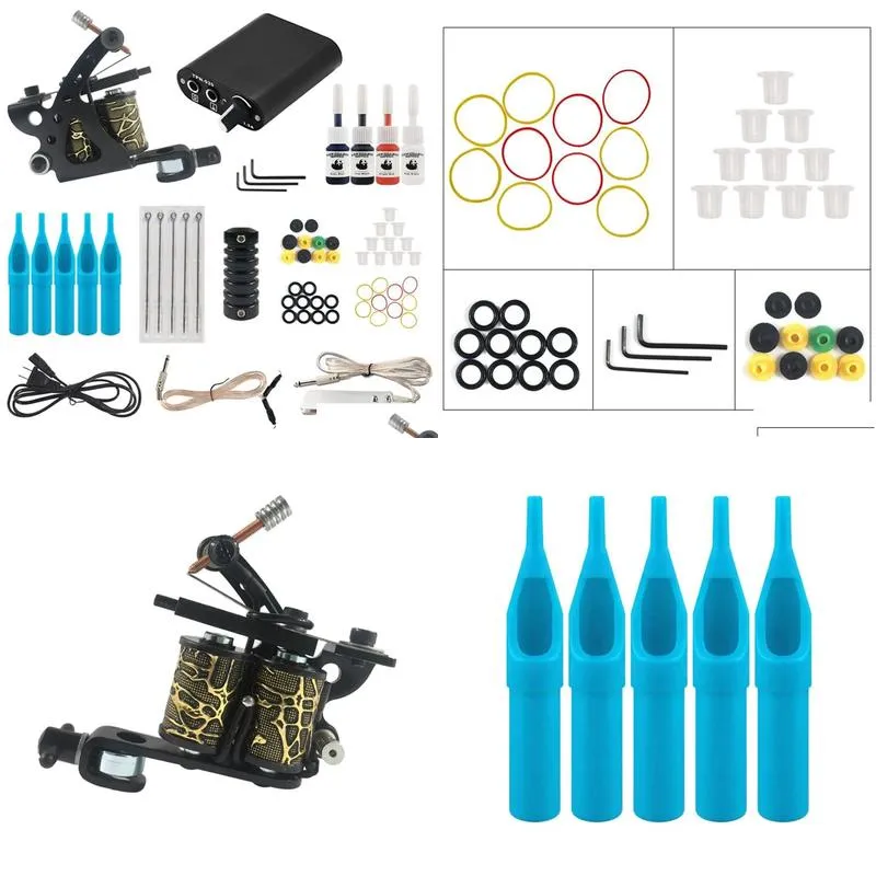 guns starter tattoo machine kit set 1 coils guns colors pigment inks sets black power tattoo beginner grip kit