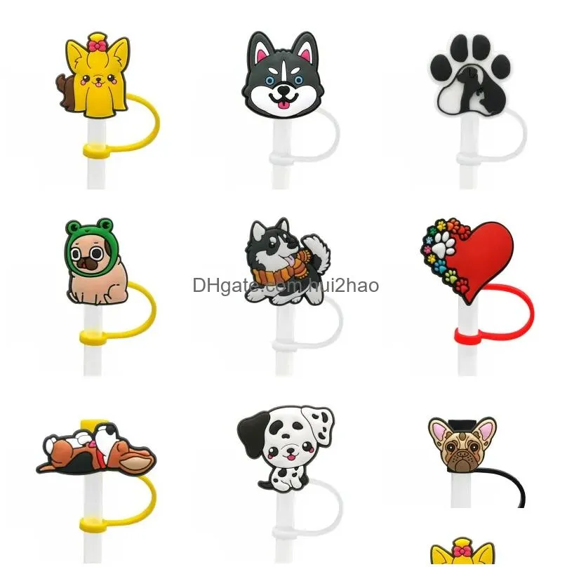 9pcs/set animals dog tumbler straw toppers cover molds charms reusable splash proof drinking dust plug decorative 8mm straw