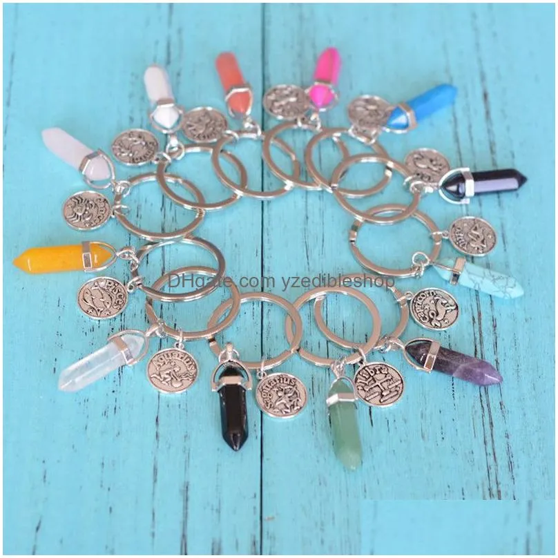12 zodiac sign constellations crystal pendulums key rings keychain natural stone hexagonal prism fashion key chain jewelry keyring for