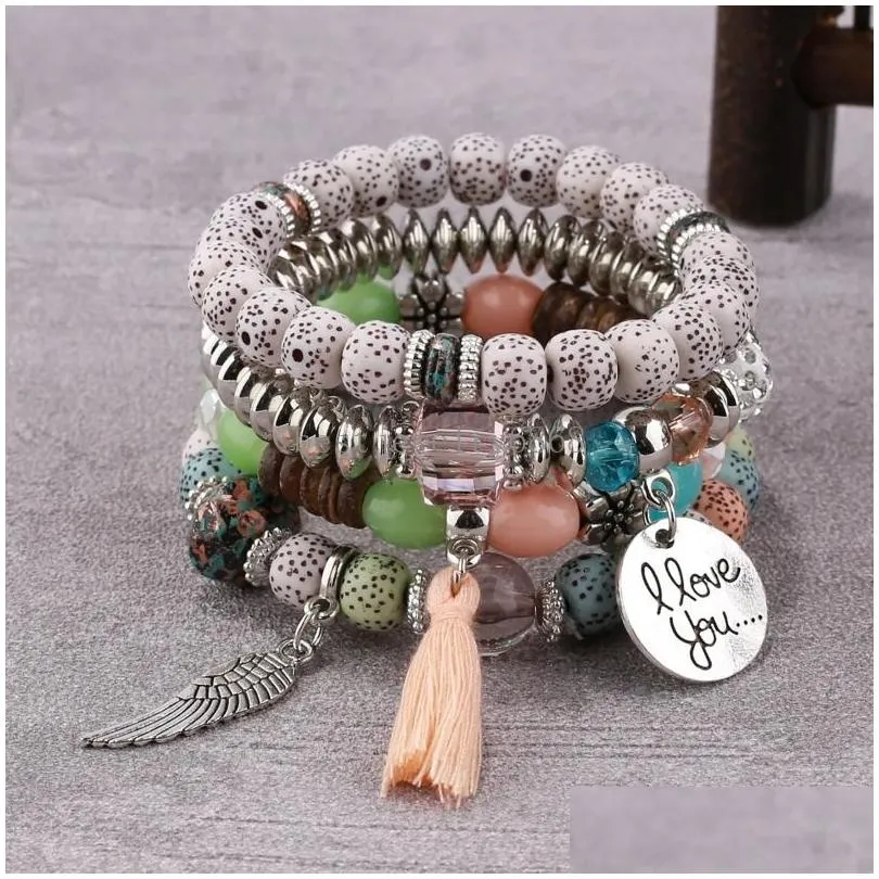 i love you charms bracelets fashion wing round pendant rice beads beaded bangle lover couples gift bohemian colorful multilayer elastic handmade jewelry