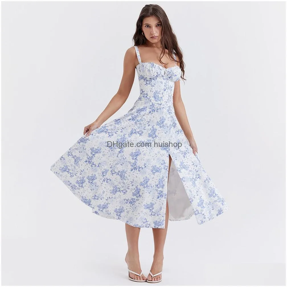 casual dresses corset dress split skirt bow tie chest frill details print floral midi dresses back lace up robe clothing womens summer long