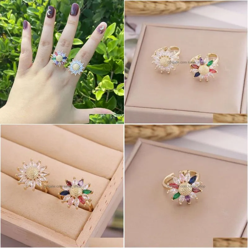 New Colored Zircon Sunflower Ring for Women`s Fashion Personality INS Gold Handpiece R40