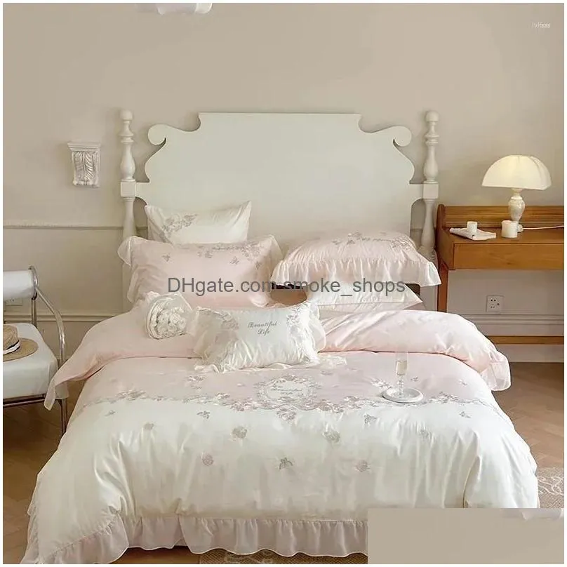 bedding sets romance french vintage rose flowers embroidery lace ruffles 1000tc egyptian cotton set duvet cover bed sheet pillowcases