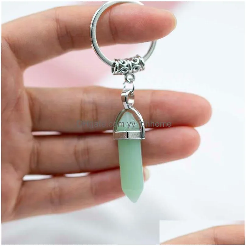 chakra hexagon prism natural stone keychain key ring handbag hangs fashion jewelry gift drop ship 340041