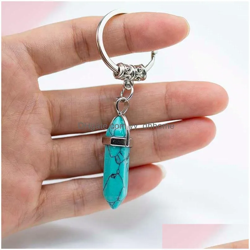 chakra hexagon prism natural stone keychain key ring handbag hangs fashion jewelry gift drop ship 340041
