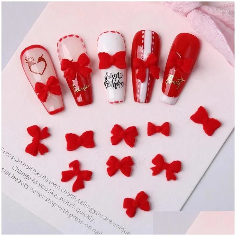 nail art decorations 30pcs charms parts red plush bowknot heart shape 3d velvet decor accessory diy resin winter jewelry manicure