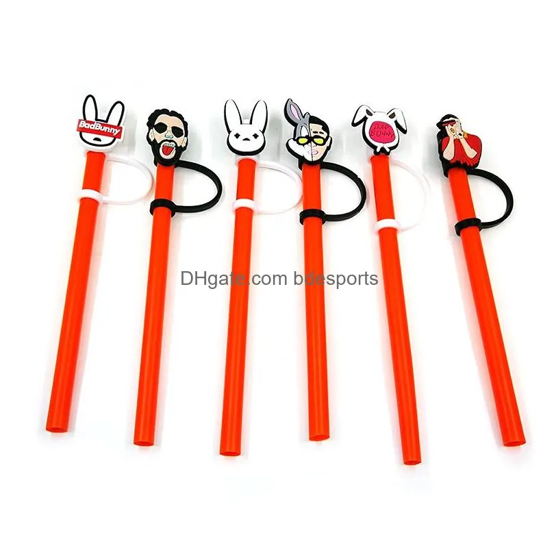 9pcs/set straw toppers cover molds bad bunny silicone charms for tumbers Reusable Splash Proof drinking dust plug decorative 8mm straw