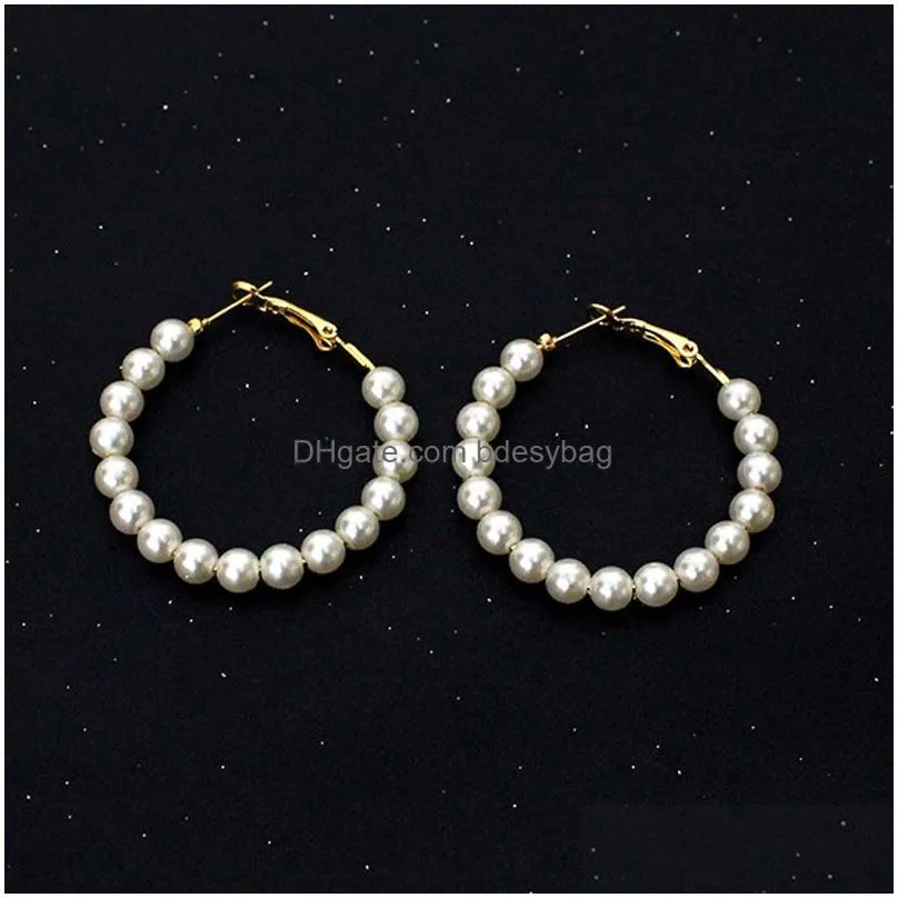 Handmade Pearl Beaded Hoop Gold Silver Color Earring For Women Lady Party Club Wedding Jewelry Accessories