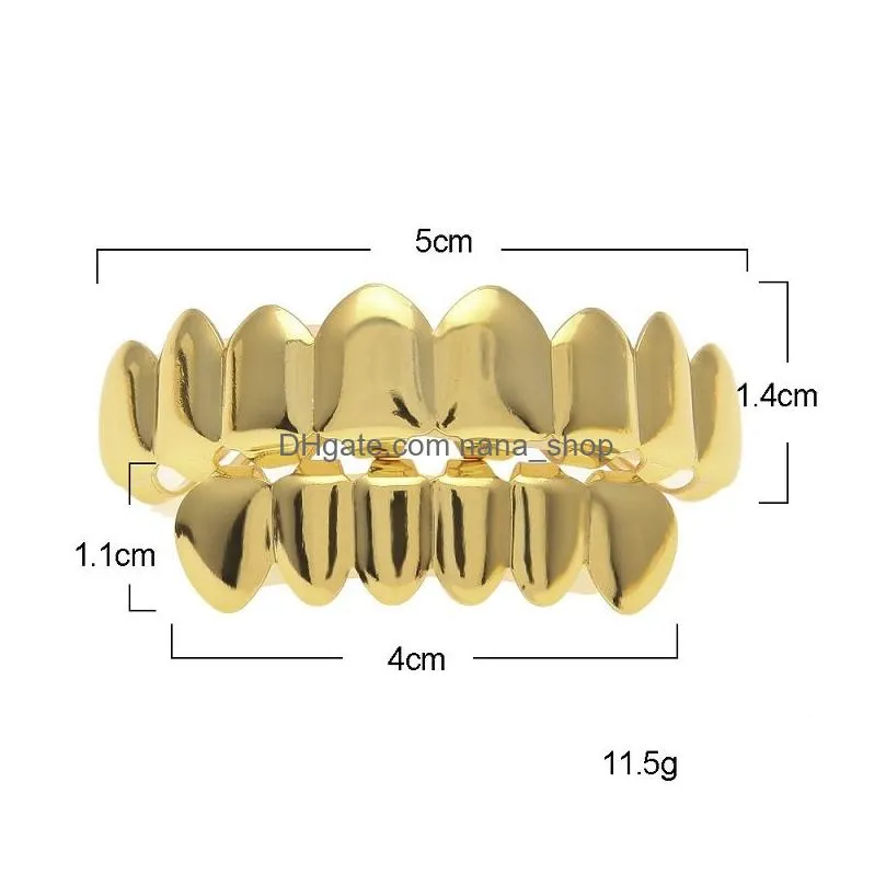 Mens Gold Grillz Teeth Set Fashion Hip Hop Jewelry High Quality Eight 8 Top Tooth & Six 6 Bottom Grills