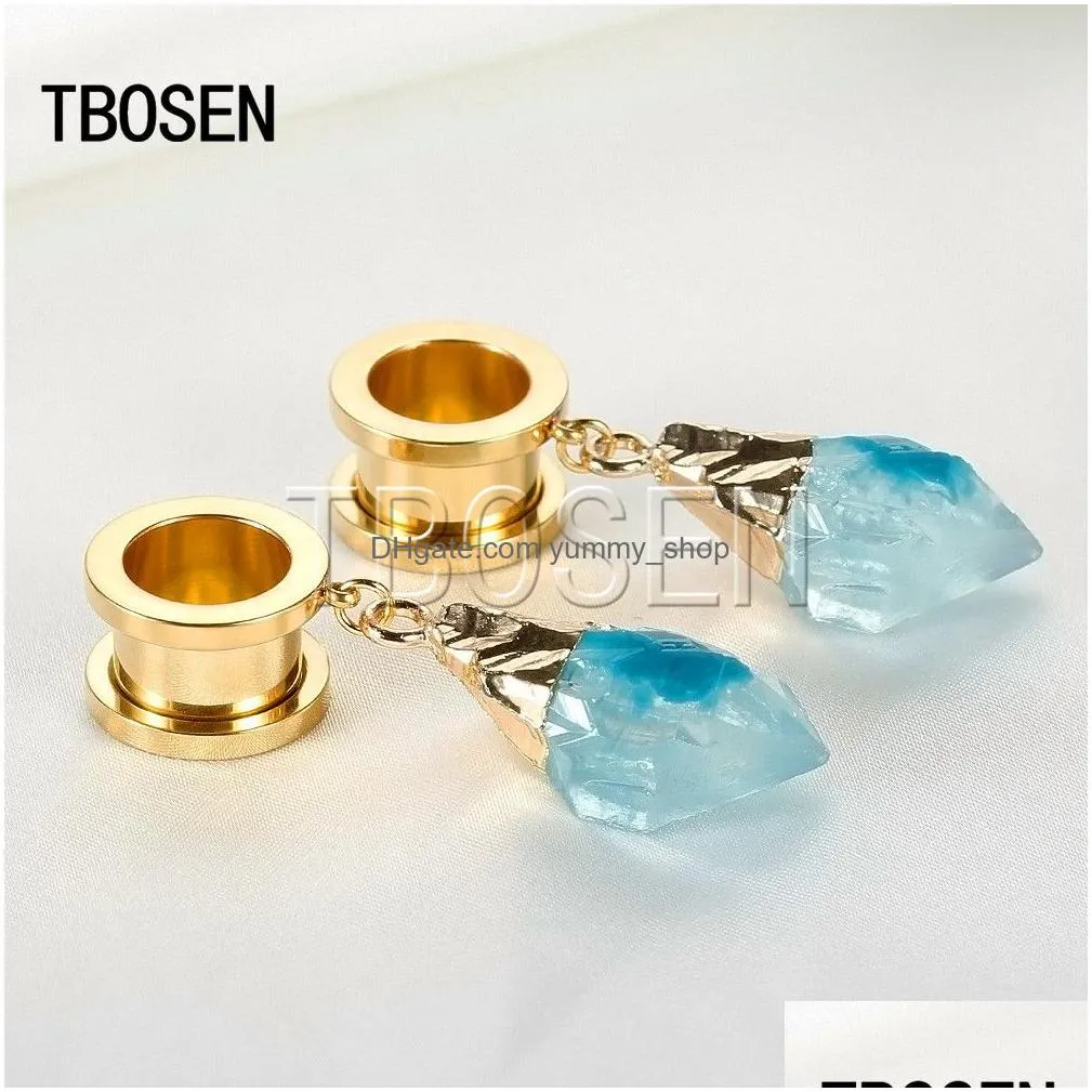 tbosen dangle ear plugs piercing tunnels crystal eardrop body jewelry steel screw earring gauges expander women fashion gift 2pc