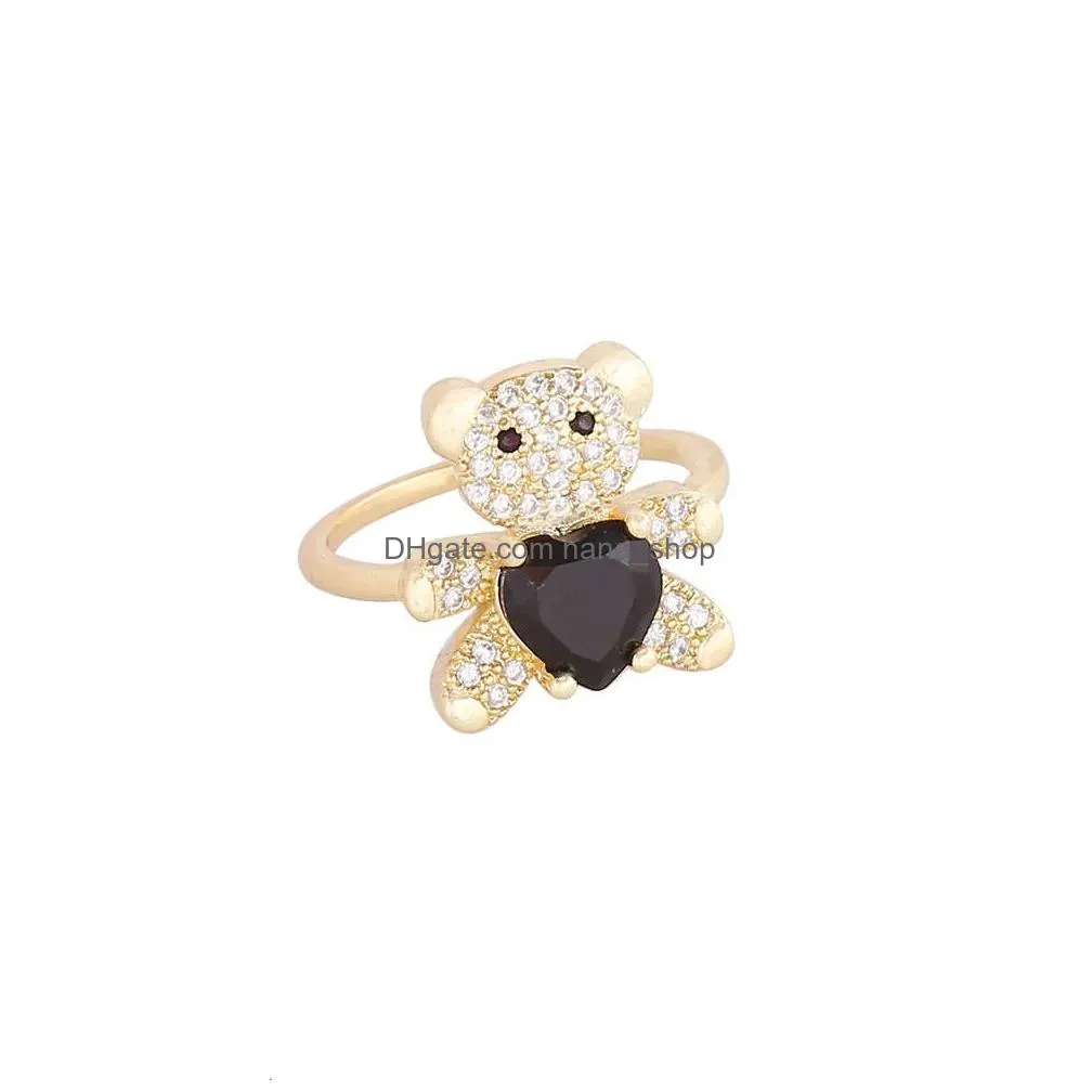 Jewelry Copper Micro Inlaid Zircon Heart Teddy Bear Ring INS Light Luxury Hand Decoration Temperament Jewelry R066