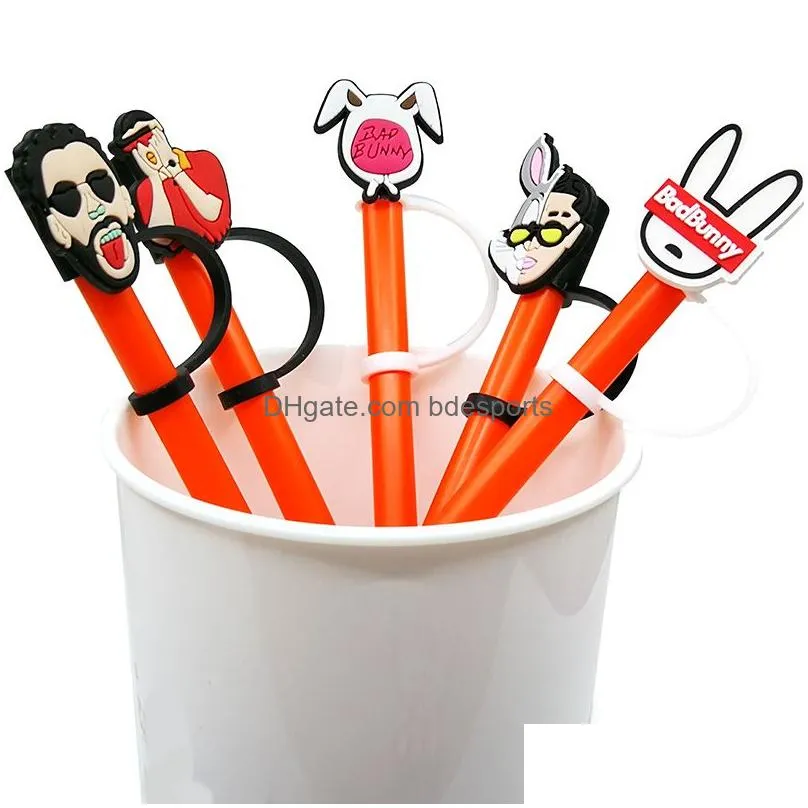 9pcs/set straw toppers cover molds bad bunny silicone charms for tumbers Reusable Splash Proof drinking dust plug decorative 8mm straw