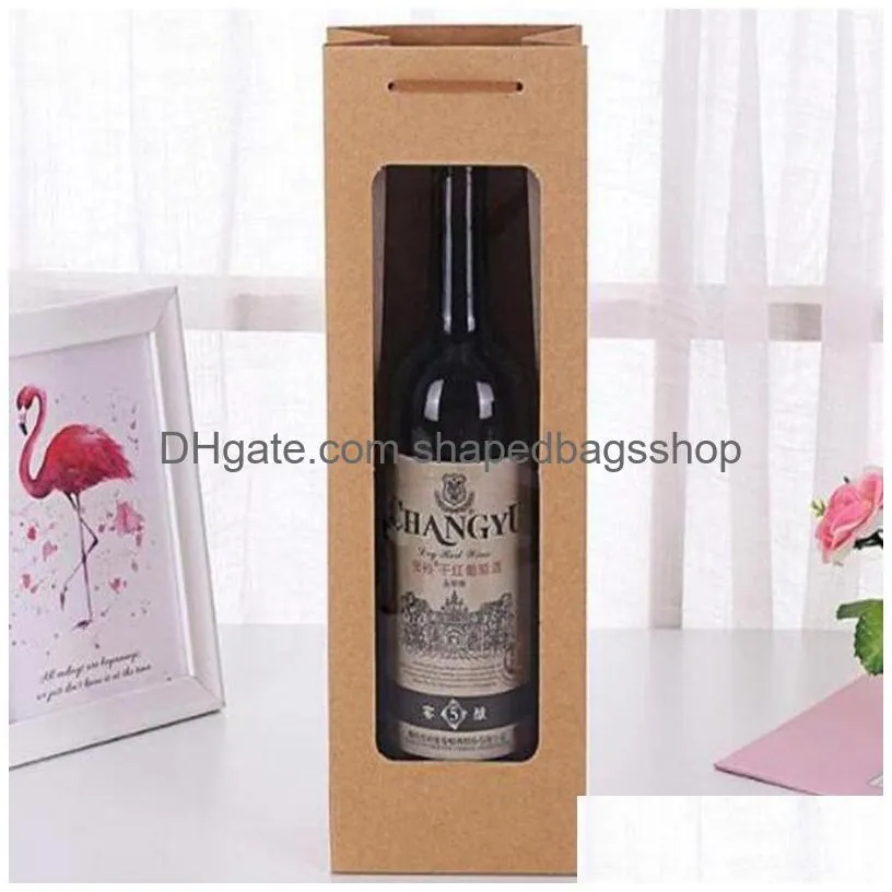 rectangle kraft gift wrap bag with window bottle of white and red wine holder for party wedding decorations