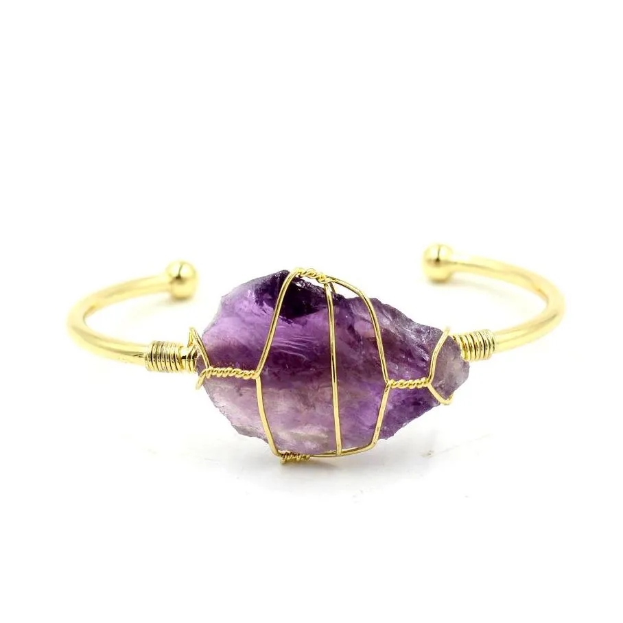 jln gemstone wire wrapped bangle irregular raw mineral crystal stone gold plated cuff open bangle for women girl gift