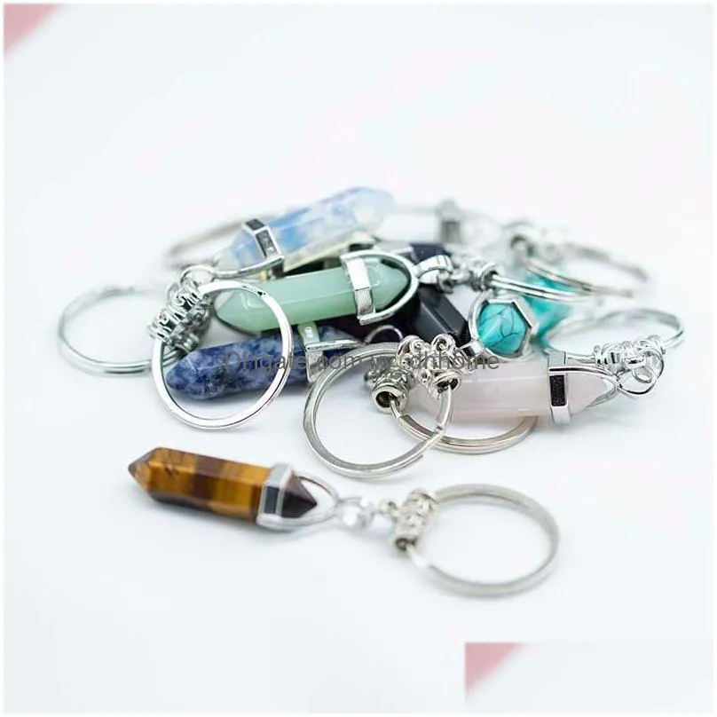 chakra hexagon prism natural stone keychain key ring handbag hangs fashion jewelry gift drop ship 340041