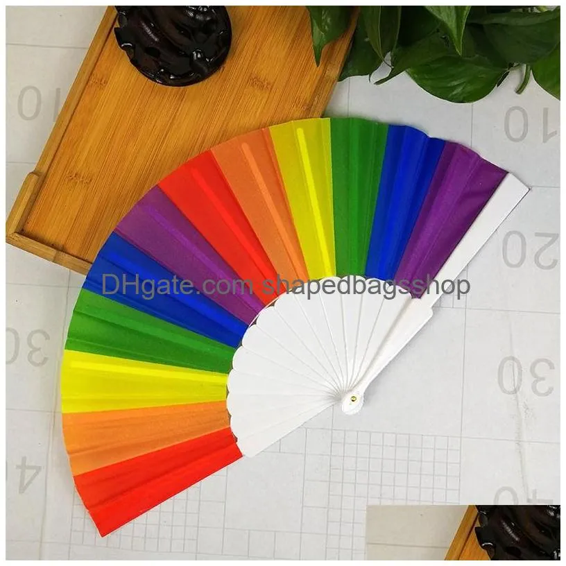 rainbow hand held cloth fan for party decoration wholesale plastic dance folding fan wedding props wb500