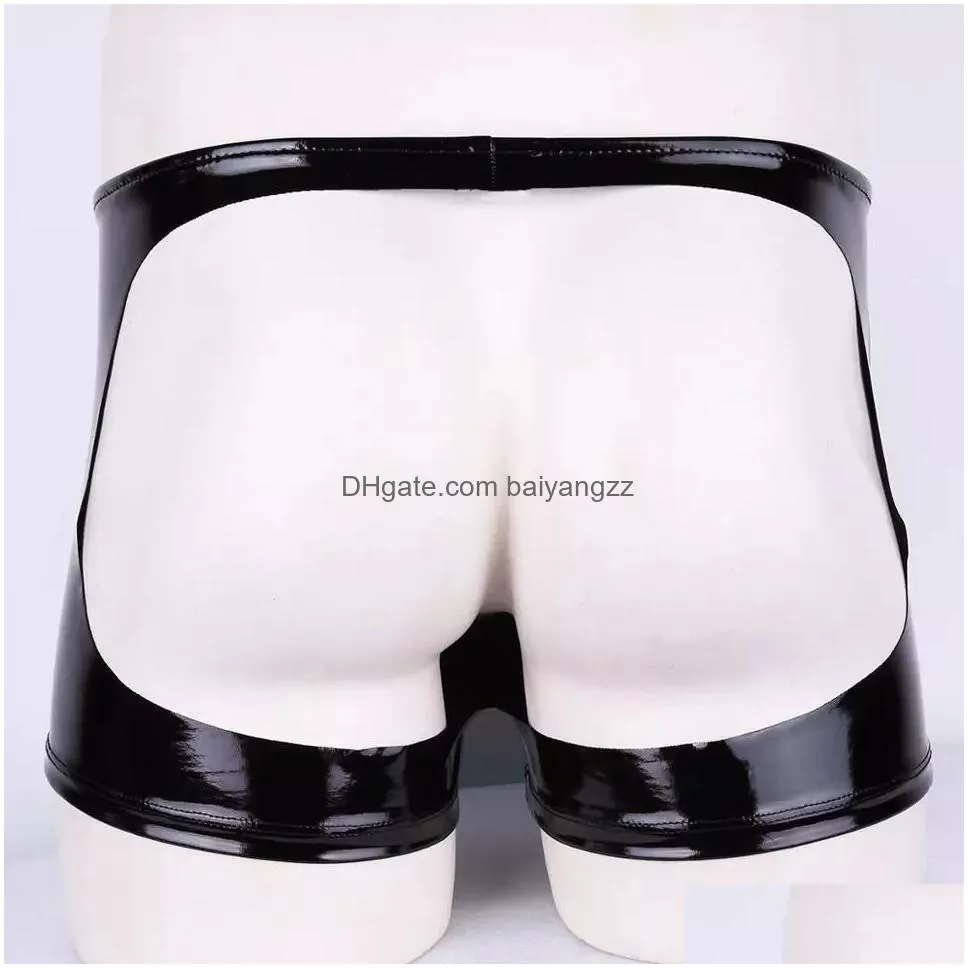 sexy lingerie panties mens pvc bright leather underwear hollow ass shorts