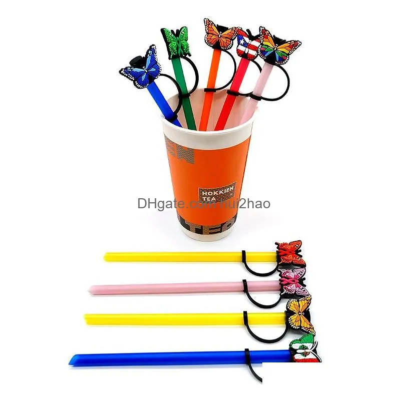 butterfly pattern soft silicone straw toppers pvc accessories charms reusable splash proof drinking dust plug decorative 8mm straw in tumbler cup party