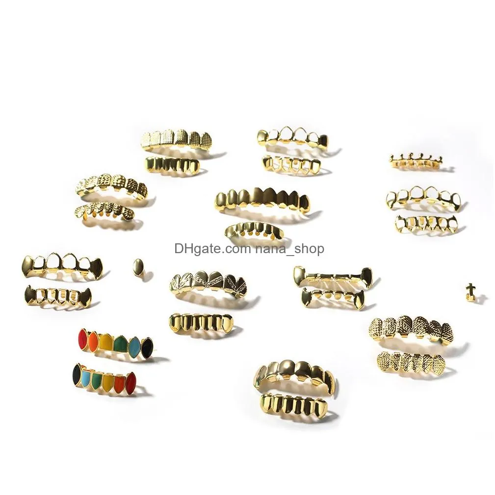 Mens Gold Grillz Teeth Set Fashion Hip Hop Jewelry High Quality Eight 8 Top Tooth & Six 6 Bottom Grills