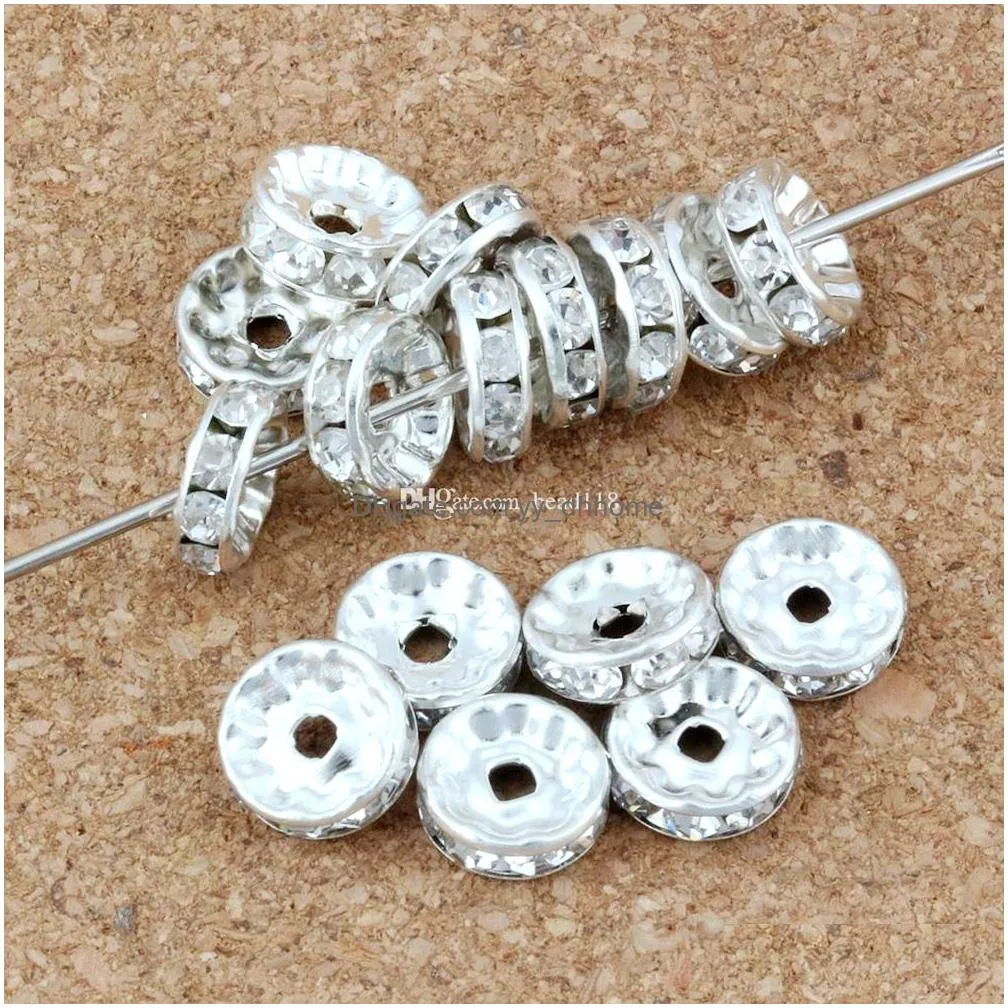 200pcs/lots plated silver rhinestone round spacer beads 10mm for jewelry making bracelet necklace diy findings