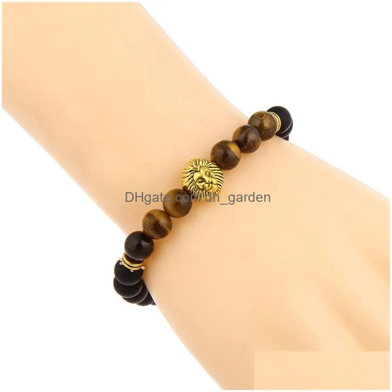 wholesale fashion tigereye 8mm bead bracelets with vintage  head charm black matte beads bracelets for men free