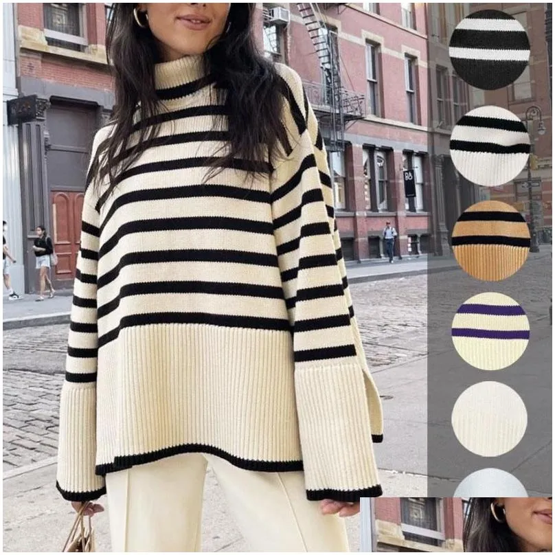 women`s sweaters est autumn winter oversize knitted pullover women turtleneck long sleeve striped loose casual pure cotton sweater