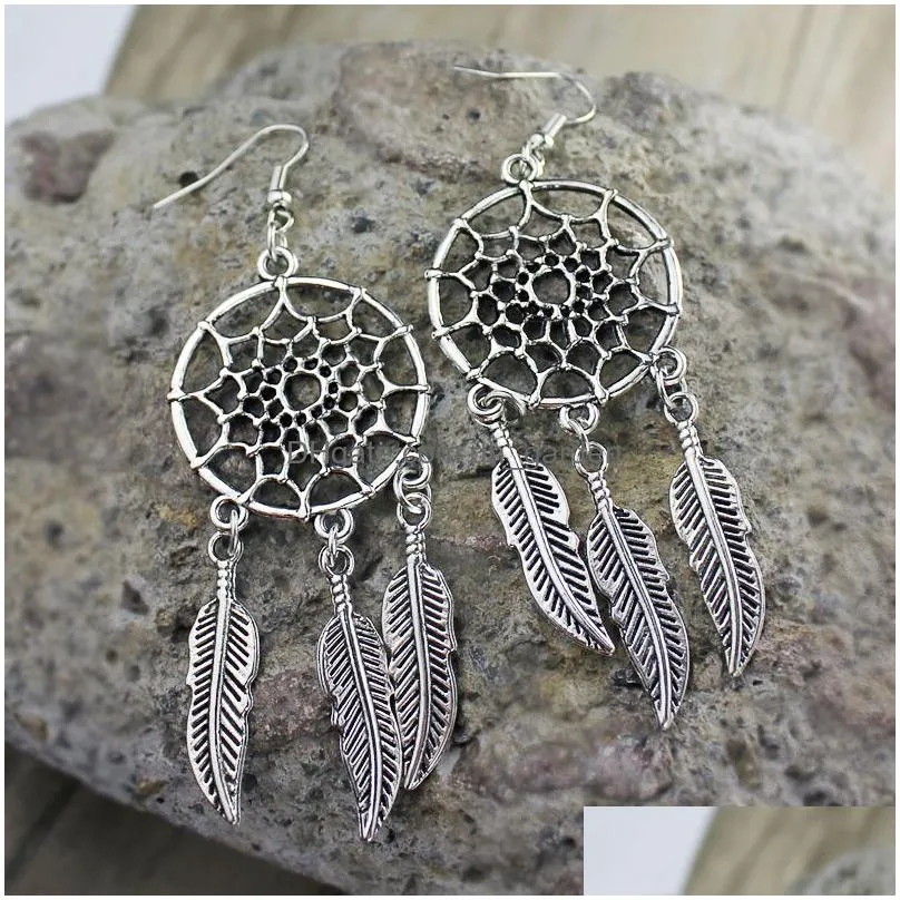 arrival dreamcatcher feather leaf dangle earring for women silver plating long hook earring trendy jewelry wholesale