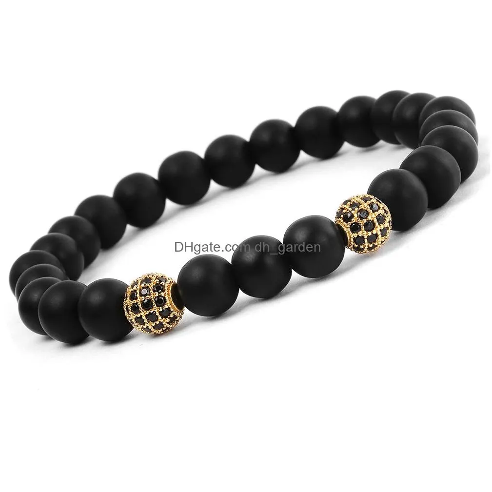 Fashion Natural Stone Black Matte Beaded Strands Bracelet for Women Men Healing Balancing 8mm Beads Micro Zircon Pave Bead Bracelets Handmade Jewelry