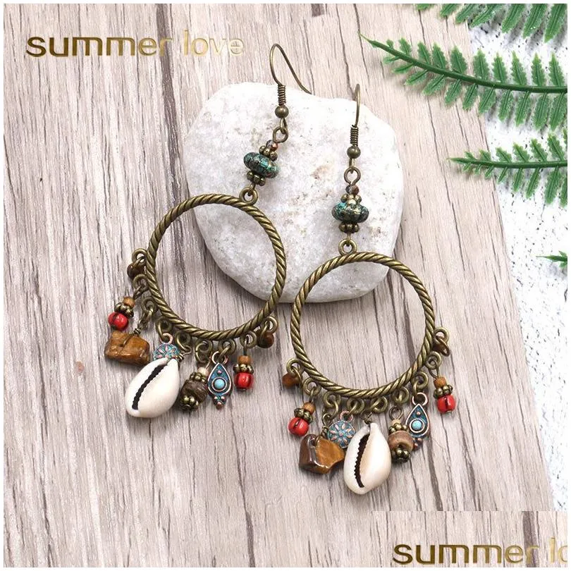 new large bohemian vintage gold dangle earrings for women handmade beaded natural shell hoop earrings seaside holiday earrings jewelry