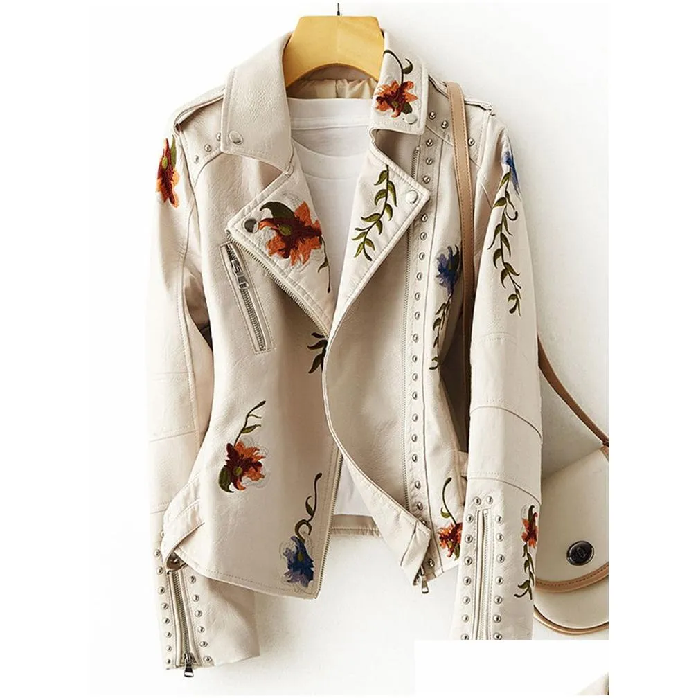 new women retro floral print embroidery faux soft leather jacket coat turndown collar pu moto biker black punk outerwear