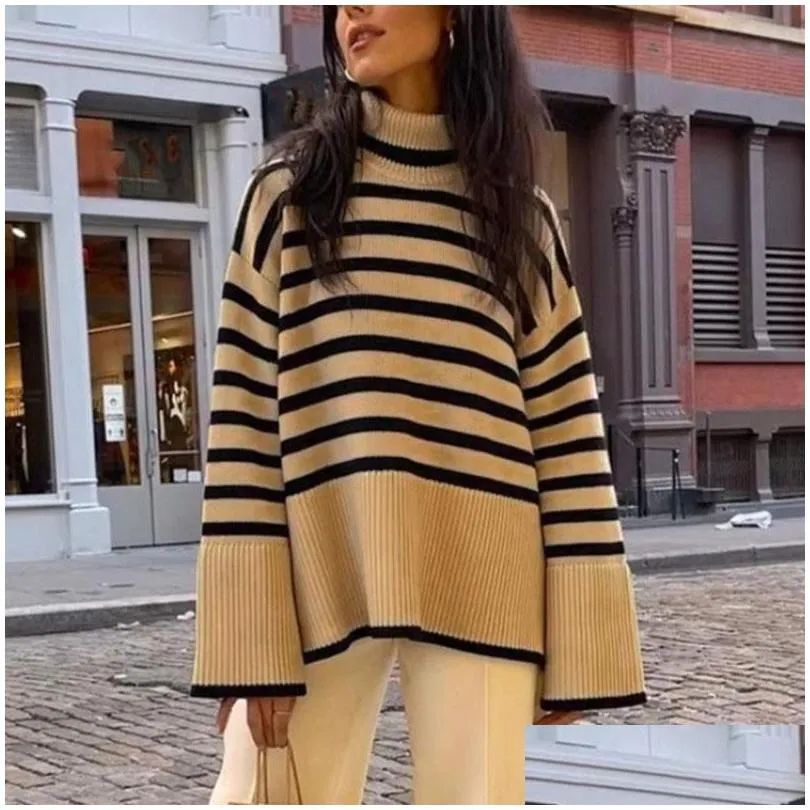 women`s sweaters est autumn winter oversize knitted pullover women turtleneck long sleeve striped loose casual pure cotton sweater
