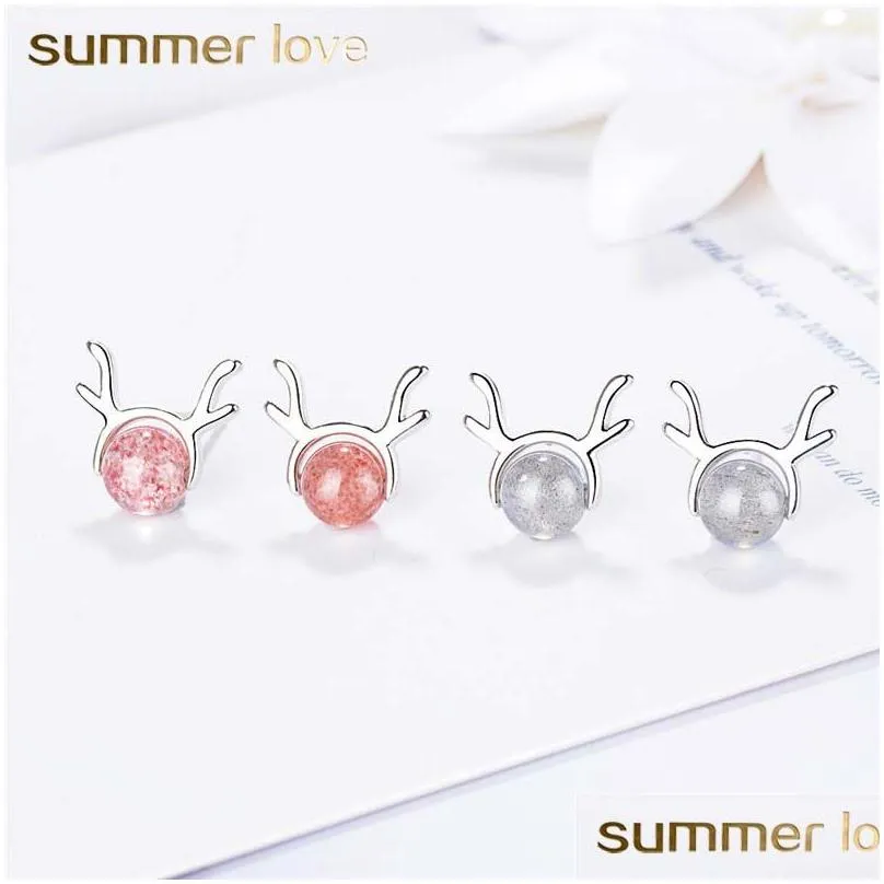 New arrival beautiful round strawberry crystal moonstone stud earrings for women high quality copper deer antlers earring christmas