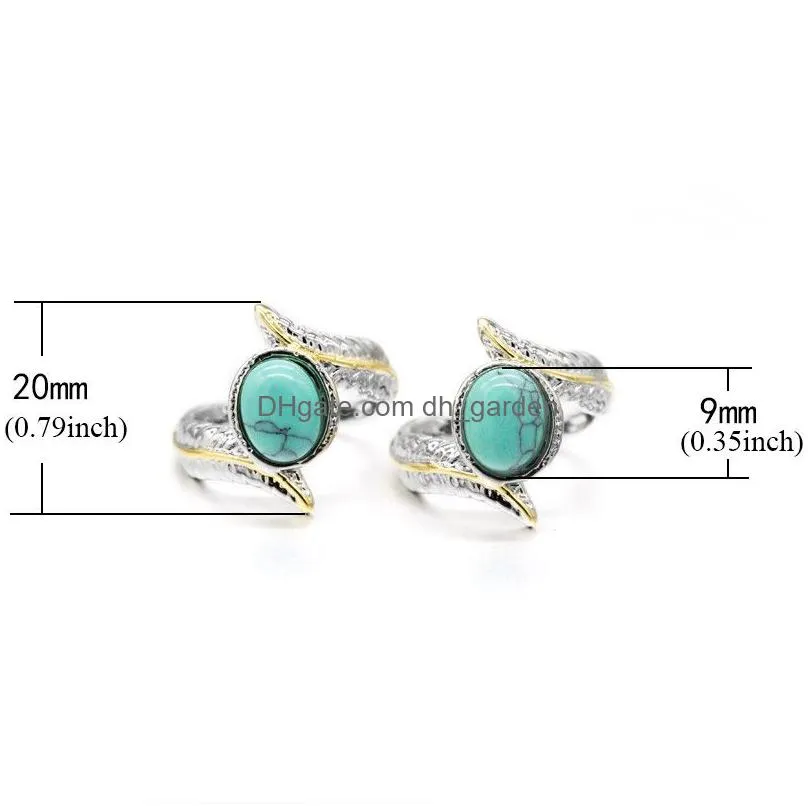 Retro Silver Feather Turquoise Ring Europe and America Fashion Engagement Rings for Women Wedding Bridal Jewelry Gift Wholesale