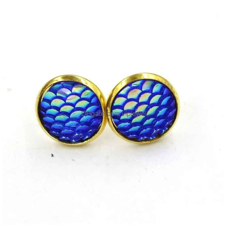 Stud Fashion Gold Color Handmade 12Mm Druzy Drusy Resin Mermaid Fish Scale Pattern Women Earrings Drop Delivery Jewelry Dhsug