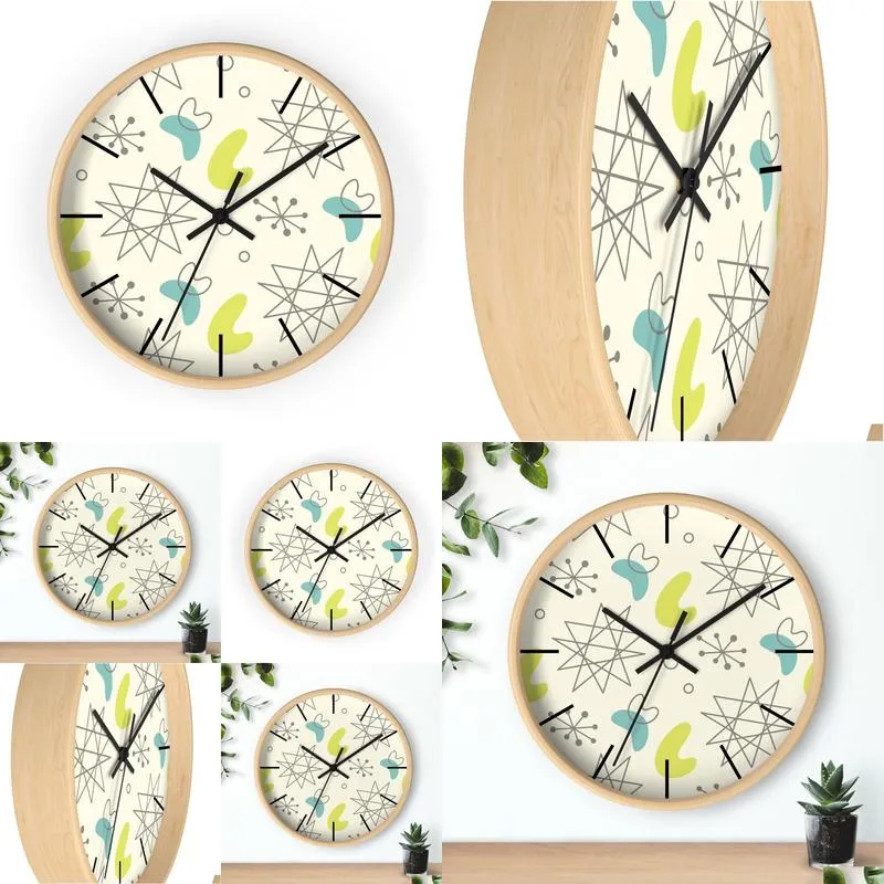 retro wall clock mid century modern 1950s inspired cream and aqua pattern wall clock vintage inspired wood wall clock 