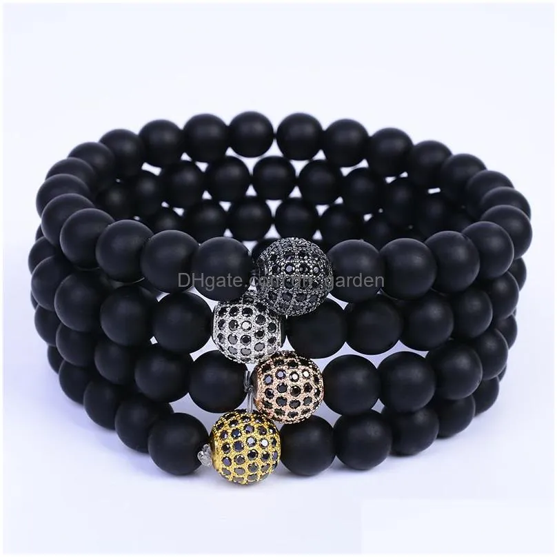 Fashion Natural Stone Black Matte Beaded Strands Bracelet for Women Men Healing Balancing 8mm Beads Micro Zircon Pave Bead Bracelets Handmade Jewelry