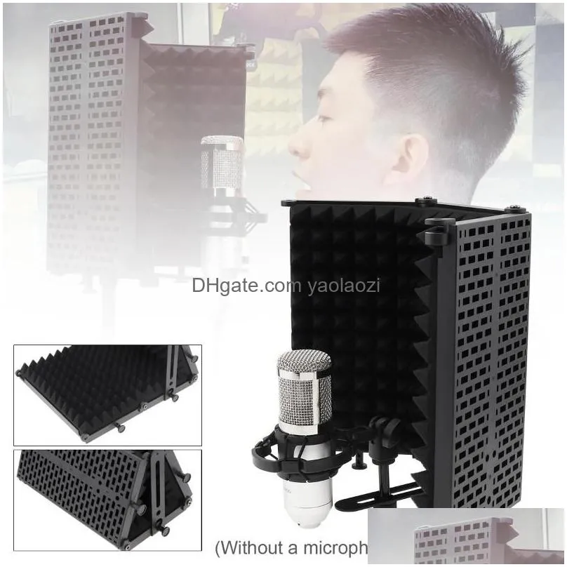 microphones metal microphone isolation shield 3-panel wind screen foldable 3/8 and 5/8 threaded absorbing foam for live broadcast