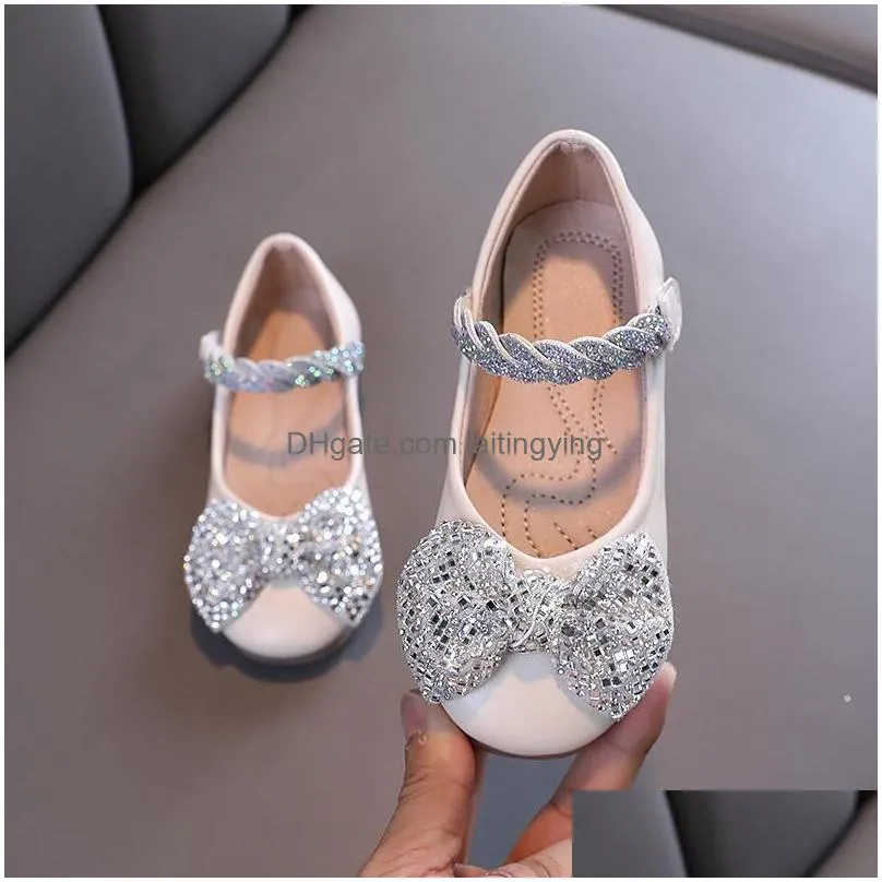 sandals childrens baby girls with bow toe flat for kids party sparkly shoes 21-30