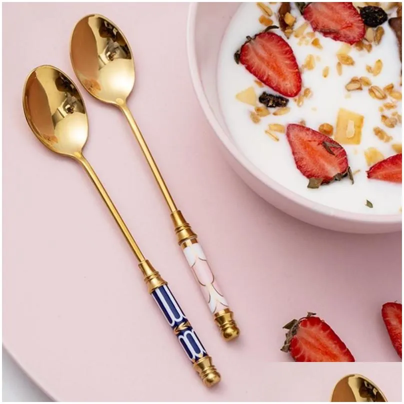 Spoons Stainless Steel Coffee Stirring Spoon Flatware Ceramic Long Handle Vacuum Plating Ice Cream Teaspoon Gold-Plated Dessert Drop D Dhhwr