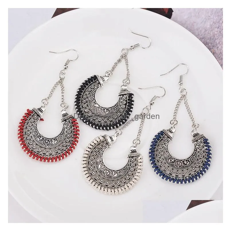 Ethnic Hollow Vintage Sliver Rope Wrap Earrings for Women Bohemian Crescent Long Hook Dangle Earring Women Jewelry Wholesale