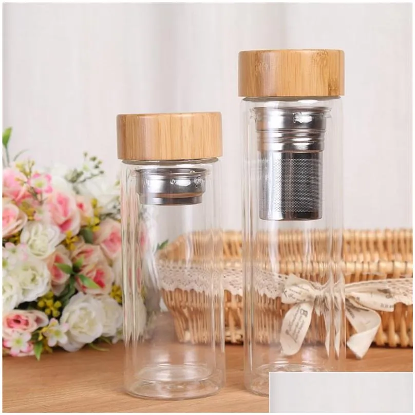 Water Bottles Portable Bamboo Lid Water Cups Double Walled Glass Tea Tumbler Strainer Infuser Basket Transparent Bottles Vt1805 Drop D Dhdqo