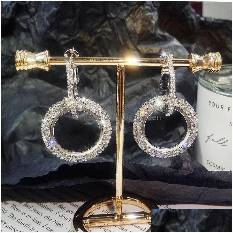 High Fashion Round Geometric Rhinestone Shiny Drop Earrings For Women Handmade Rose Gold Copper Hoop Earring with Steel Pin